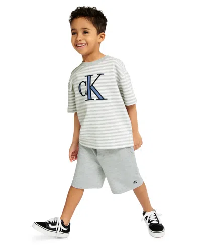 Calvin Klein Kids' Toddler And Little Boys' 2t-7 Relaxed Striped T-shirt And French Terry Cargo Shorts, 2-piece Set In Gray