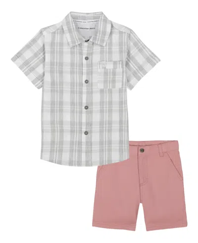 Calvin Klein Kids' Toddler And Little Boys Plaid Short Sleeve Shirt And Twill Shorts, 2-piece Set In Cloud Gate,bright White,strawberry Gray