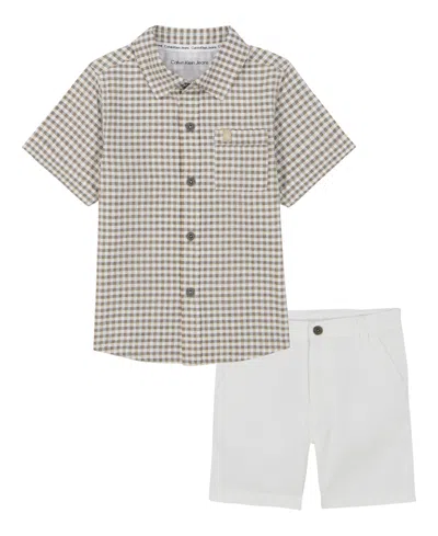 Calvin Klein Kids' Toddler And Little Boys Seersucker Check Short Sleeve Shirt And Twill Shorts, 2-piece Set In Bright White,cream Plaid