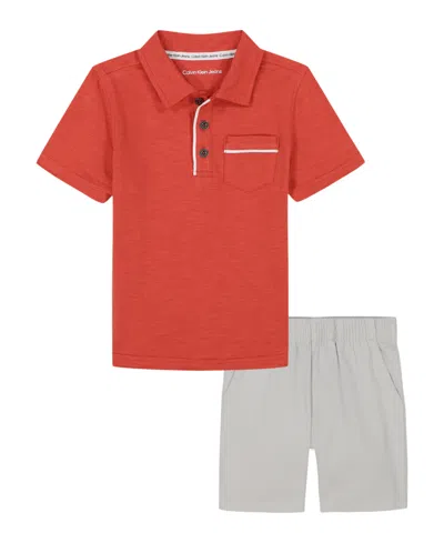Calvin Klein Kids' Toddler And Little Boys Slub Jersey Polo Shirt And Twill Shorts, 2-piece Set In Baked Apple,lunar Rock