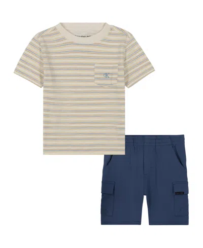 Calvin Klein Kids' Toddler And Little Boys Slub Jersey Striped Tee And French Terry Cargo Shorts, 2-piece Set In Blue