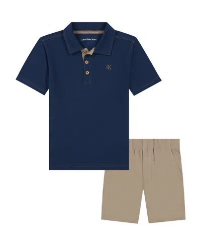 Calvin Klein Kids' Toddler And Little Boys Slub Pique Polo Shirt And Twill Shorts, 2-piece Set In Insignia Blue,crockery