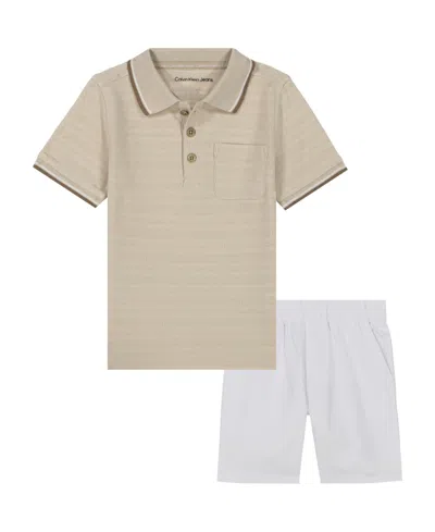 Calvin Klein Kids' Toddler And Little Boys Tipped Herringbone Dobby Polo Shirt And Twill Shorts, 2-piece Set In Caramel,bright White