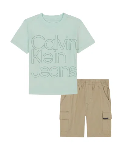 Calvin Klein Kids' Toddler And Little Boys Tonal Logo Short Sleeve Tee And Twill Cargo Shorts, 2-piece Set