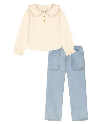 Calvin Klein Kids' Toddler And Little Girls 2-piece Collared Top And Pant Set In Multi