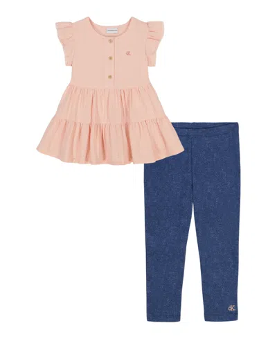 CALVIN KLEIN TODDLER AND LITTLE GIRLS 2-PIECE CROCHET TRIM PLISSE COTTON TUNIC CAPRI JEGGINGS SETS