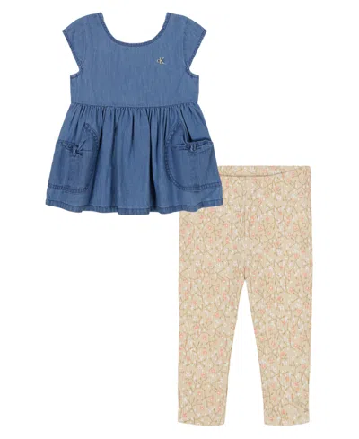 Calvin Klein Kids' Toddler And Little Girls 2-piece Denim Tunic Floral Ribbed Capri Leggings Sets In Medium Wash,creme Brulee