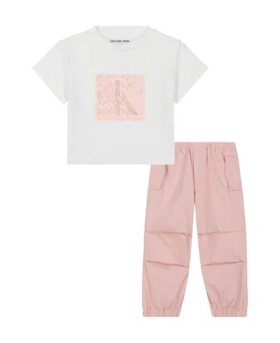 Calvin Klein Kids' Toddler And Little Girls 2-piece Logo Boxy T-shirt Stretch Twill Baggy Pants Sets In White,pink