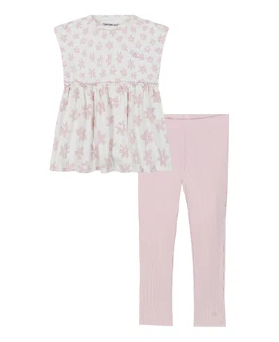 CALVIN KLEIN TODDLER AND LITTLE GIRLS 2-PIECE MIXED PRINT FLORAL TUNIC RIBBED STRETCH LEGGINGS SETS