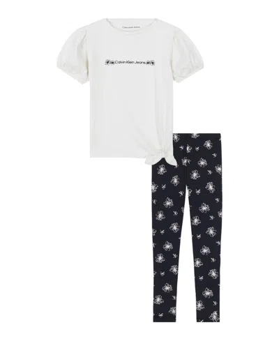Calvin Klein Kids' Toddler And Little Girls 2-piece Puff Sleeve Tie-front Top Floral Stretch Leggings Sets In Egret,deep Black