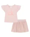 Calvin Klein Toddler And Little Girls 2-piece Rosette Logo Flutter Sleeve Top Metallic Micropleat Skort Set In Pink