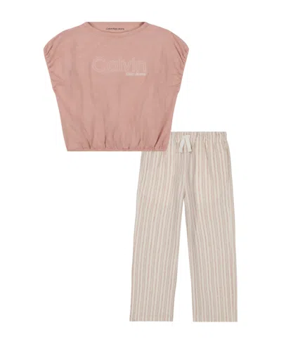 Calvin Klein Kids' Toddler And Little Girls 2-piece Slub Jersey Elasticized T-shirt Reverse Terry Striped Pant In Cream,mauve