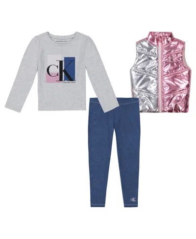 Calvin Klein Kids' Toddler And Little Girls Metallic Puffer Vest, Long Sleeve Logo Tee Jeggings, 3-piece Set In Silver,light Gray Heather,medium Wash