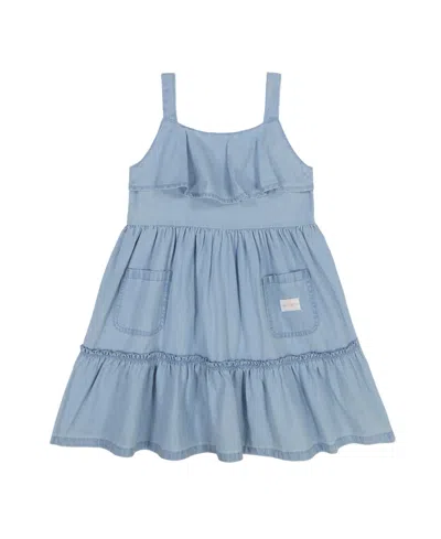 Calvin Klein Kids' Toddler And Little Girls Patch Pocket Ruffled Hem Denim Dress In Sky Wash