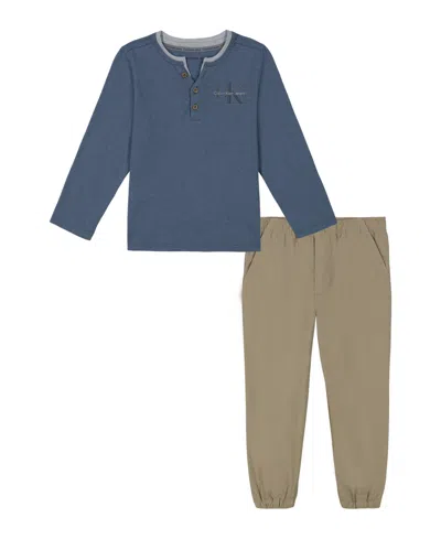 Calvin Klein Kids' Toddler Boy Layered Look Long Short Sleeve Henley Tee And Twill Joggers In China Blue,chinchilla