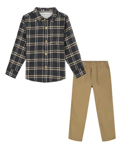 Calvin Klein Kids' Toddler Boy Long Sleeve Plaid Chest Pocket Shirt Prewashed Twill Pants In Savannah Tan