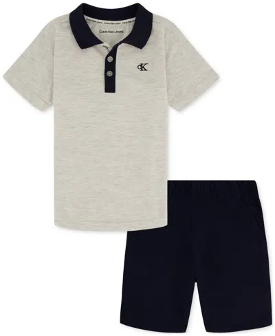 Calvin Klein Kids' Toddler Boys Cotton Heather Jersey Polo Shirt & Twill Shorts, 2 Piece Set In Assorted