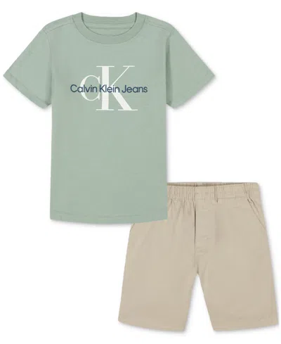 Calvin Klein Kids' Toddler Boys Cotton Short-sleeve Solid Logo T-shirt & Twill Shorts, 2 Piece Set In Assorted