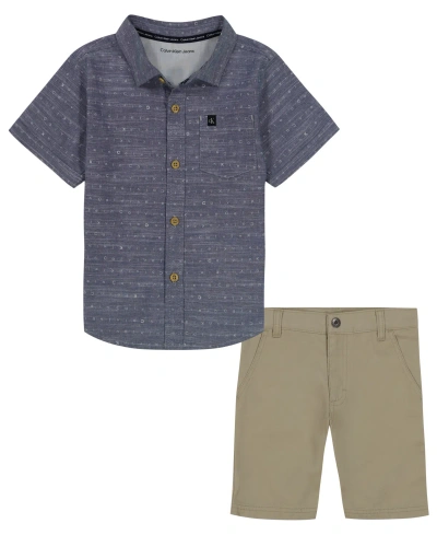 Calvin Klein Kids' Toddler Boys Logo Print Button-up Short Sleeve Shirt And Twill Shorts, 2 Piece Set In Blue