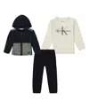 Calvin Klein Toddler Boys Long Short Sleeve Logo Tee, Twill Joggers Zip-up Berber Jacket 3-piece Set In Granite Heather,marshmallow,abyss