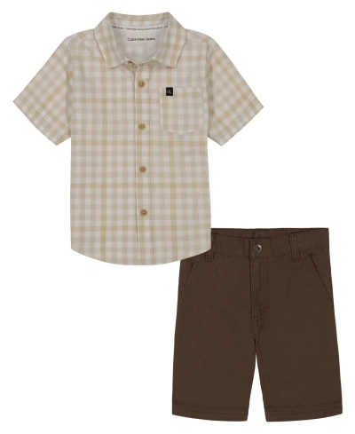 Calvin Klein Kids' Toddler Boys Plaid Short Sleeve Button-up Shirt And Twill Shorts, 2 Piece Set In Brown