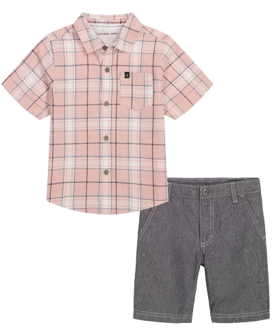 Calvin Klein Kids' Toddler Boys Plaid Slub Button-up Short Sleeve Shirt And Twill Shorts, 2 Piece Set In Gray