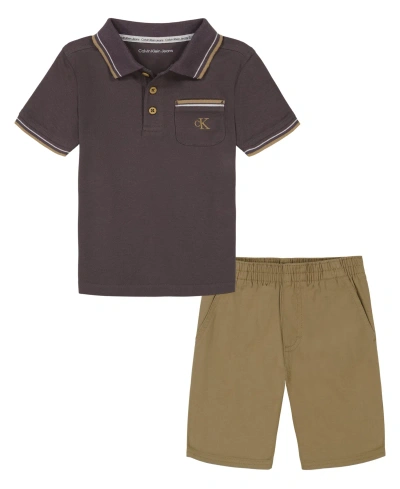 Calvin Klein Kids' Toddler Boys Tipped Pique Short Sleeve Polo Shirt And Twill Shorts, 2 Piece Set In Brown