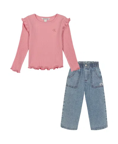 Calvin Klein Kids' Toddler Girl Long Sleeve Flutter-trim Ribbed Top And Denim Paper-bag Waist Pants In Rose Elegance,medium Light Wash