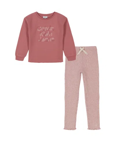 Calvin Klein Kids' Toddler Girl Puff Sleeve Fleece Logo Tunic Hacci Ribbed Leggings In Withered Rose