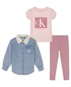 Calvin Klein Toddler And Little Girls Sherpa-trim Denim Shacket, Short Sleeve Monogram Tee Ribbed Leggings, 3-pie In Heather Gray,deep Black