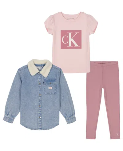 Calvin Klein Kids' Toddler And Little Girls Sherpa-trim Denim Shacket, Short Sleeve Monogram Tee Ribbed Leggings, 3-pie In Mary's Rose,foxglove