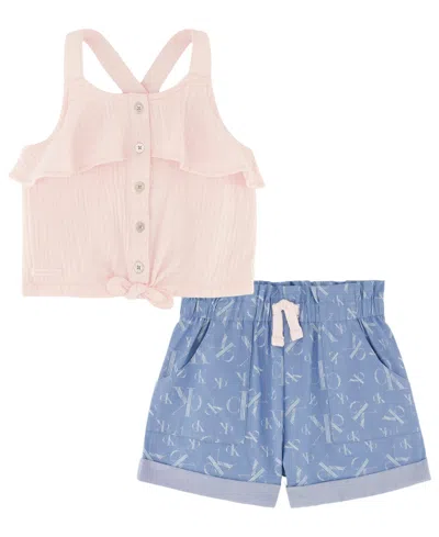Calvin Klein Kids' Toddler Girls Muslin Tie-front Halter Top And Chambray Cargo Shorts, 2 Piece Set In Pink,blue