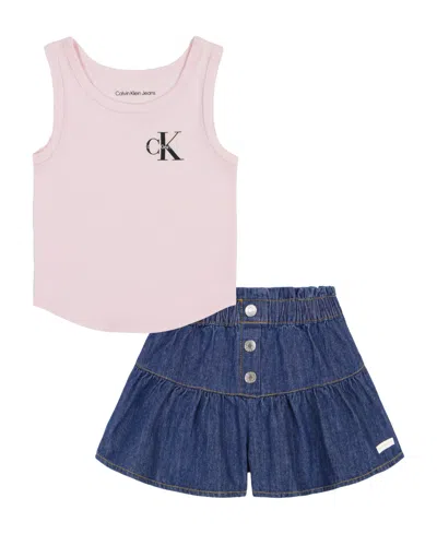 Calvin Klein Kids' Toddler Girls Scoop Neck Logo Tank And Peplum Denim Skort, 2 Piece Set In Pink,navy