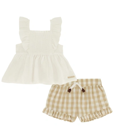 Calvin Klein Babies' Toddler Girls Smocked Gauze Top And Gingham Ruffled Shorts, 2 Piece Set In Assorted