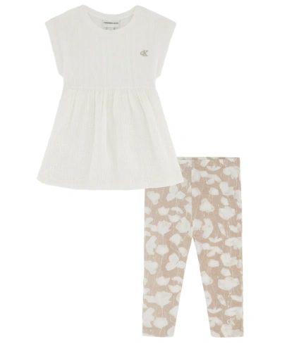 Calvin Klein Babies' Toddler Girls Sweater And Gauze Tunic Top With Printed Stretch Leggings, 2 Piece Set In Cream