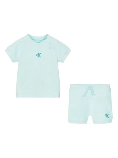 Calvin Klein Towelled-finish Logo Baby Set (three Piece Set) In Blue