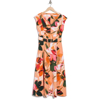 Calvin Klein Tropical Floral V-neck Belt Midi Dress