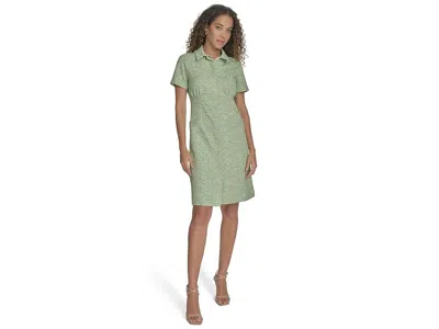 Calvin Klein Tweed Short Sleeve Collared Dress In Green