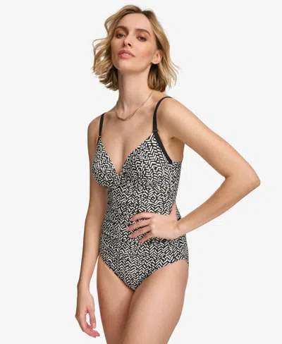 Calvin Klein Twist-front Tummy-control One-piece Swimsuit, Created For Macy's In Black Soft White