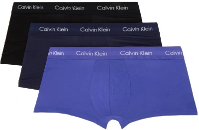 Calvin Klein Underwear Three-pack Multicolor Low-rise Trunk Boxers In 905 – Blue