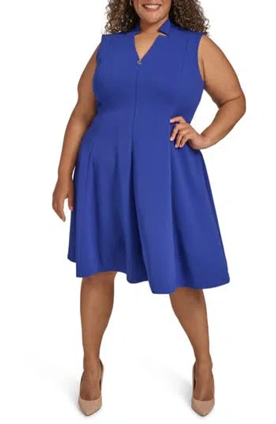 Calvin Klein V-neck Sleeveless Fit & Flare Dress In Ultramarine