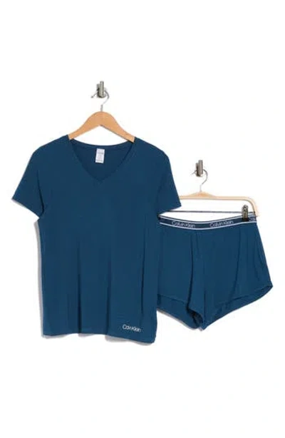 Calvin Klein V-neck T-shirt & Shorts 2-piece Pajama Set In 1zw Majolica Bl