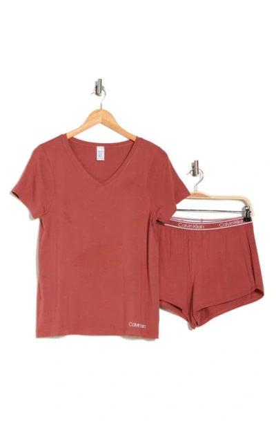 Calvin Klein V-neck T-shirt & Shorts 2-piece Pajama Set In Marsala