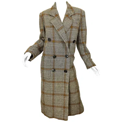 Pre-owned Calvin Klein Vintage  Brown 1980s Glen Plaid Double Breasted 80s Wool Jacket Coat