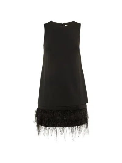 Pre-owned Calvin Klein Vintage Feather-trim Crepe Dress In Black