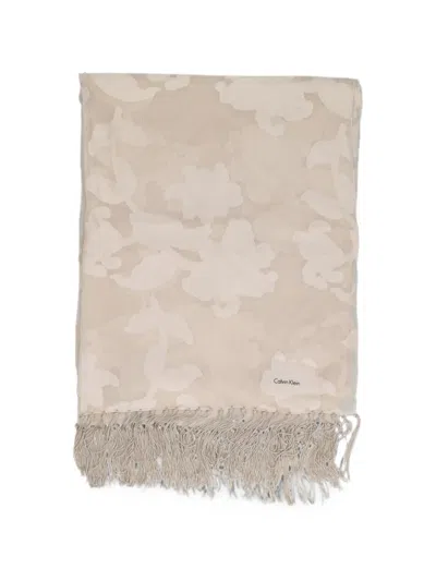 Pre-owned Calvin Klein Vintage Floral-jacquard Fringed Scarf In Neutral
