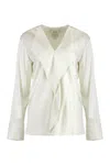Calvin Klein V-neck Blouse With Buttoned Cuffs And Draped Front In White