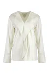 Calvin Klein V-neck Blouse With Buttoned Cuffs And Draped Front In White