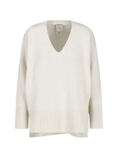 Calvin Klein V-neck Sweater With Ribbed Trims In Neutral