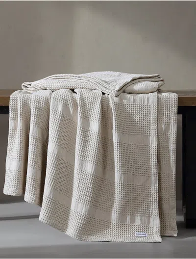 Calvin Klein Waffle Stripe Cotton Blanket In Neutral